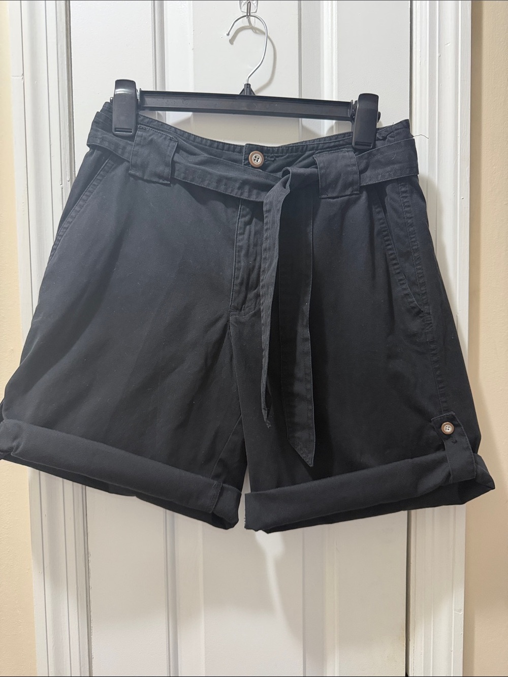 White Stag Black Tie-Waist Paperbag Bermuda Shorts with Adjustable Rolled Hem
